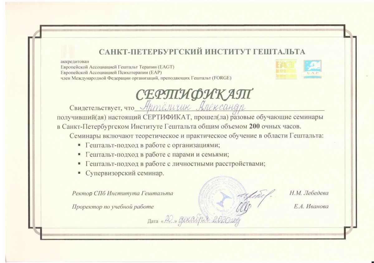 Александр Артёмчик сертификат
