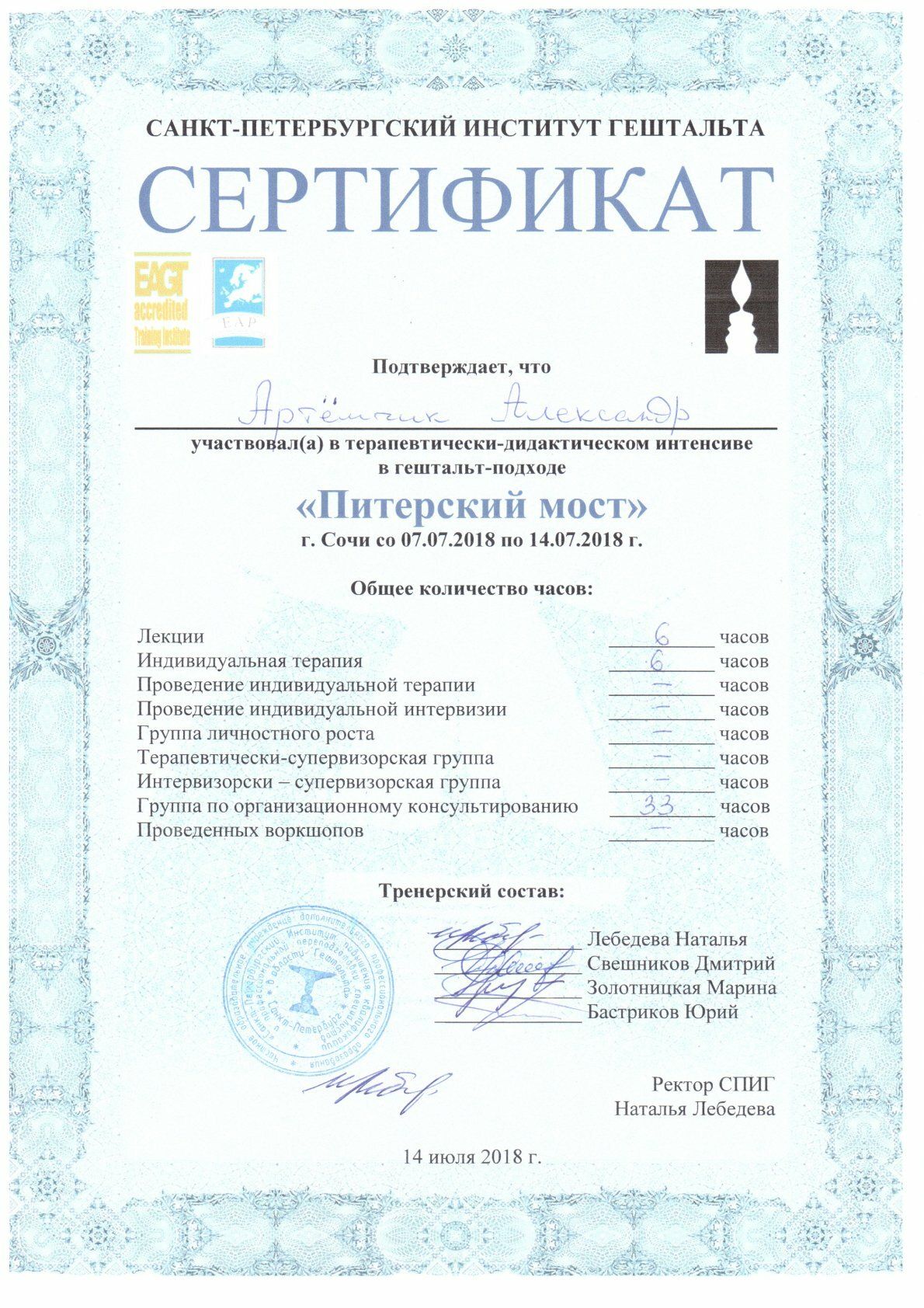 Александр Артёмчик сертификат